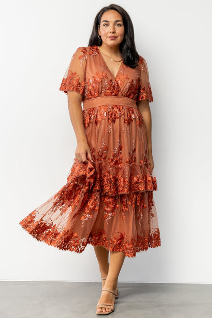Lotte Embroidered Midi Dress | Rust
