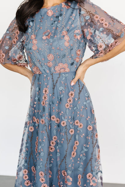Arabella Embroidered Tulle Maxi Dress | Blue + Pink