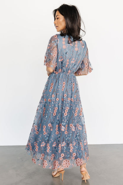 Arabella Embroidered Tulle Maxi Dress | Blue + Pink