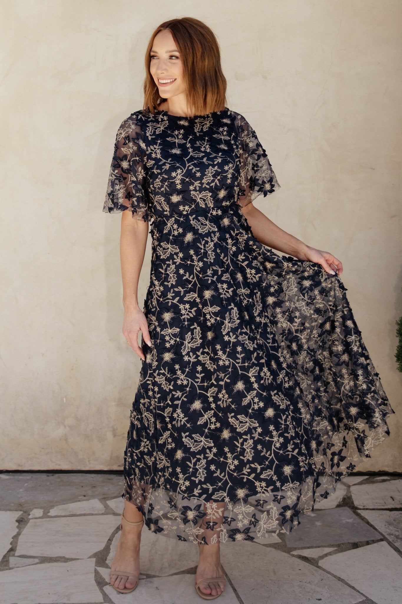 Arabella Embroidered Tulle Maxi Dress | Navy + Gold