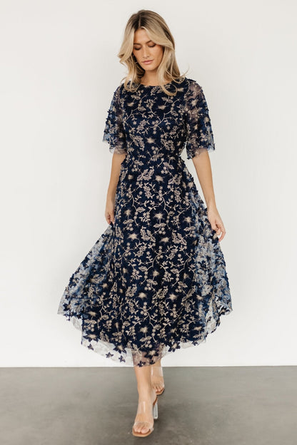 Arabella Embroidered Tulle Maxi Dress | Navy + Gold