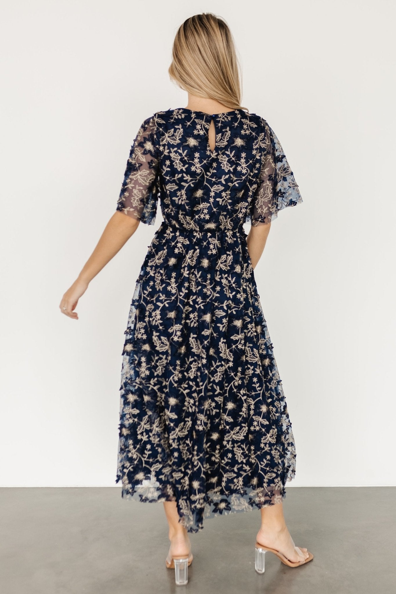 Arabella Embroidered Tulle Maxi Dress | Navy + Gold