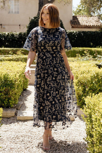 Arabella Embroidered Tulle Maxi Dress | Navy + Gold