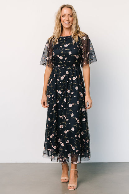 Arabella Embroidered Tulle Maxi Dress | Pink + Navy