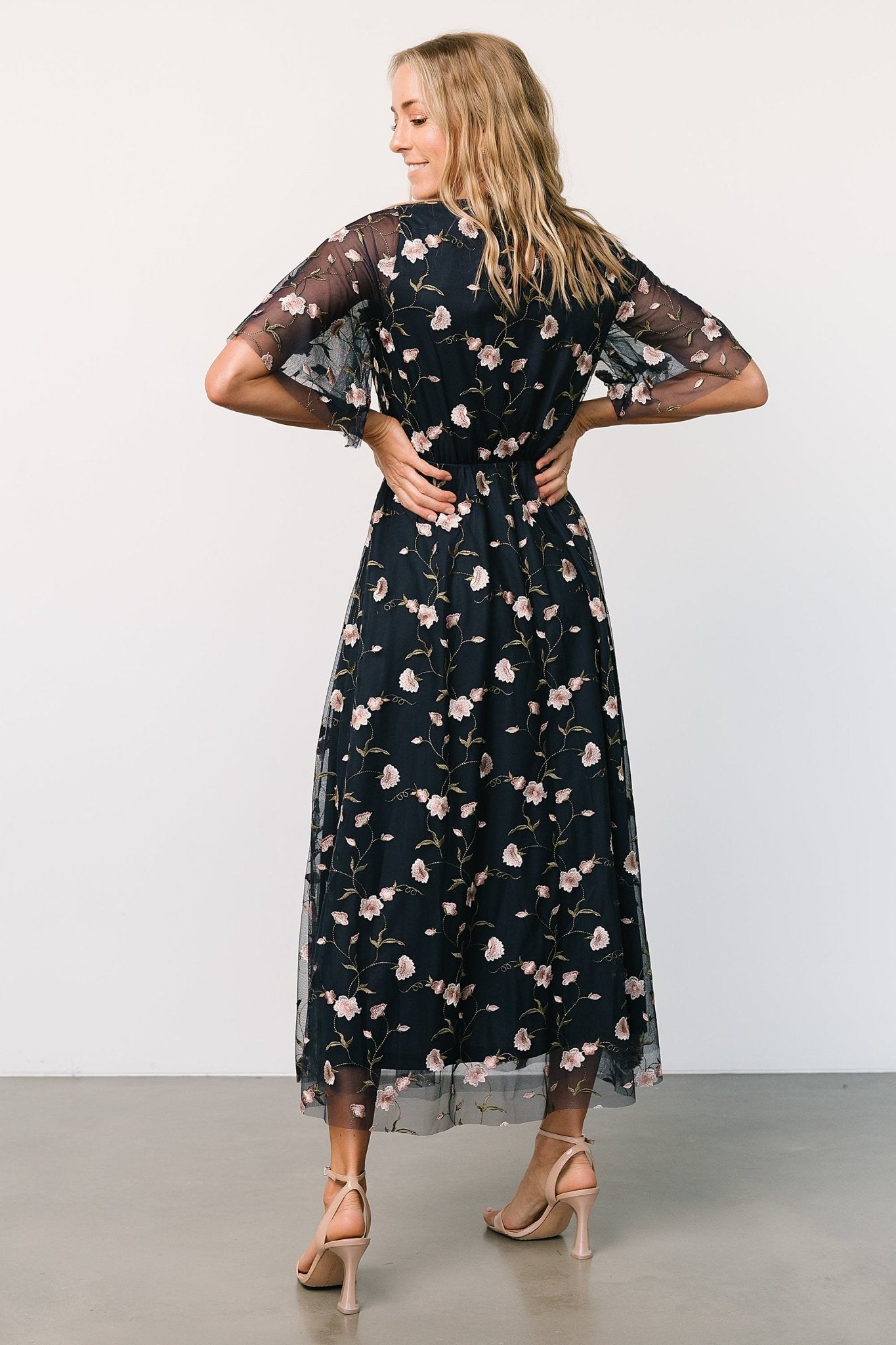Arabella Embroidered Tulle Maxi Dress | Pink + Navy
