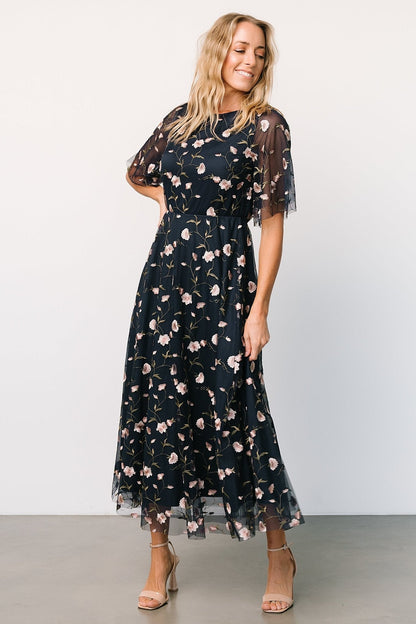 Arabella Embroidered Tulle Maxi Dress | Pink + Navy