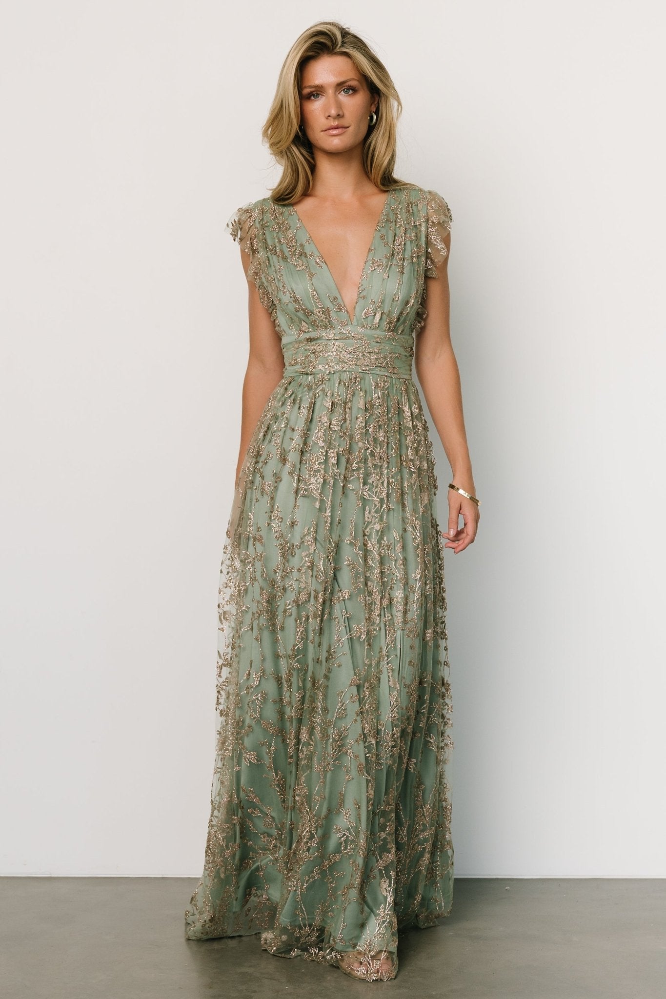 Arlene Shimmer Gown | Sage + Gold
