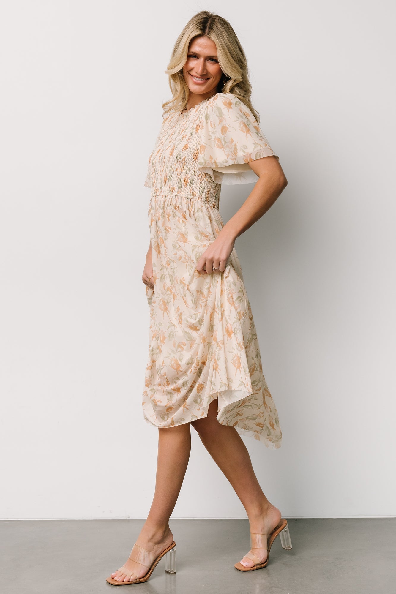 Bailey Smocked Midi Dress | Ivory + Golden Floral