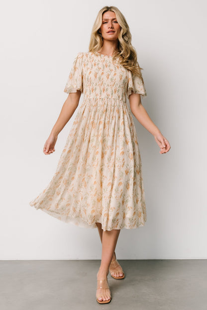 Bailey Smocked Midi Dress | Ivory + Golden Floral