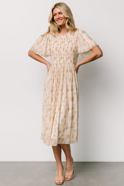 Bailey Smocked Midi Dress | Ivory + Golden Floral