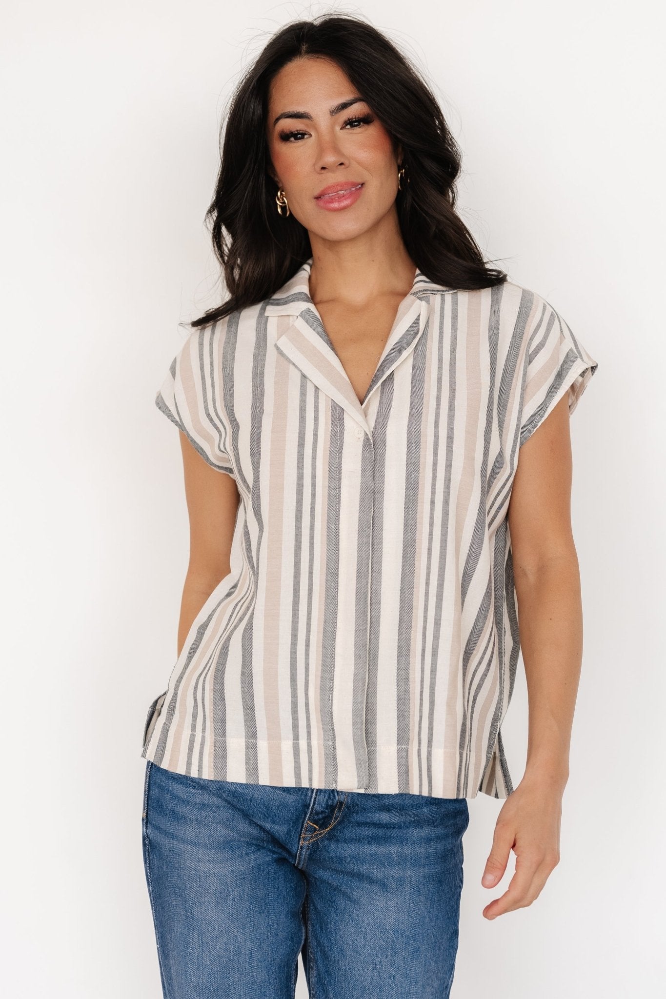 Beckett Button Top | Natural Multi Stripe