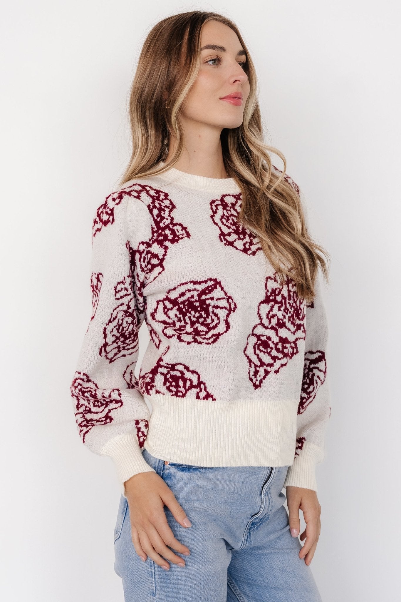 Blake Floral Sweater | Off White + Burgundy