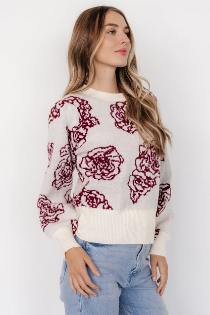 Blake Floral Sweater | Off White + Burgundy