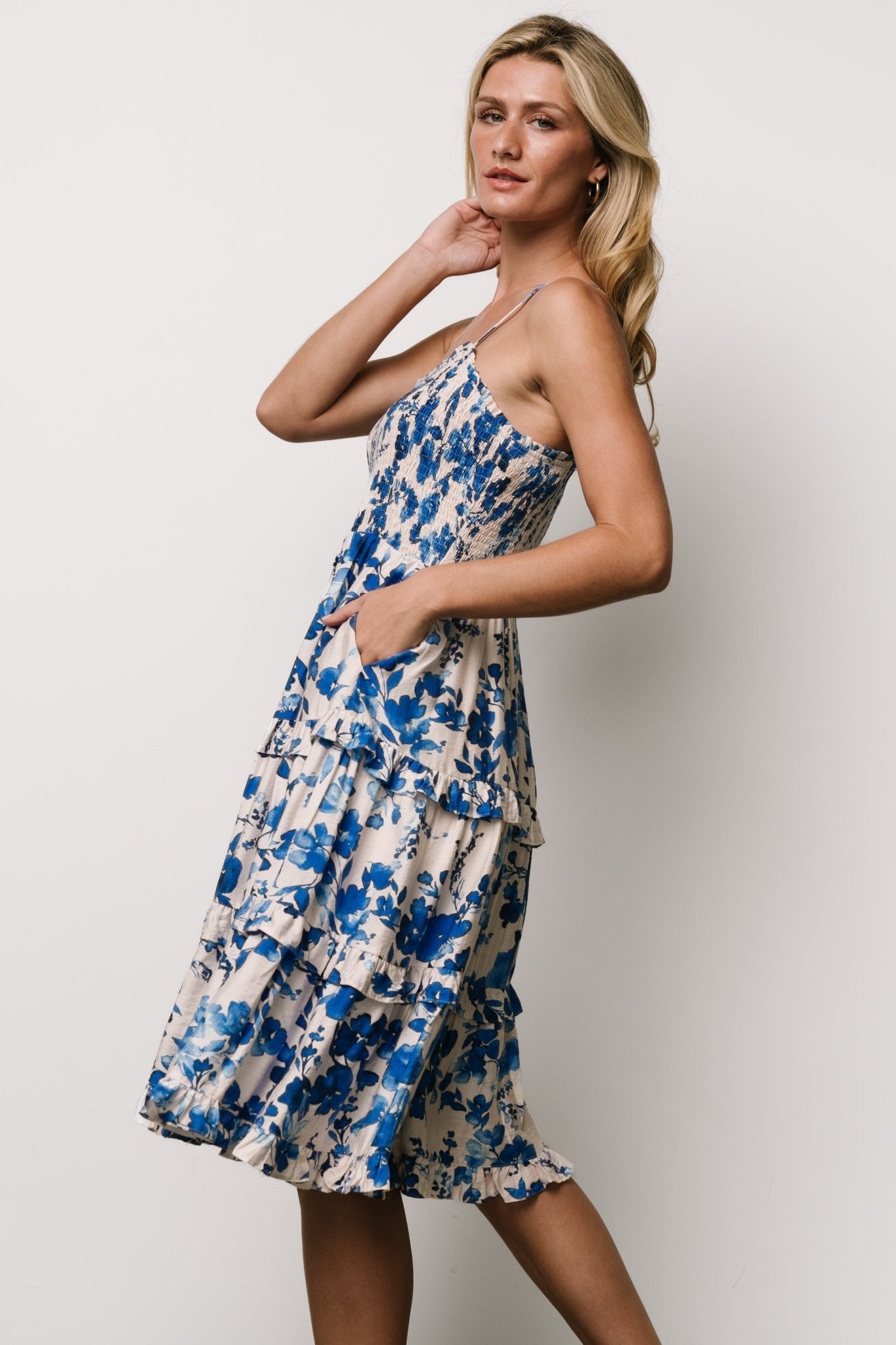 Calina Midi Dress | Ivory + Blue Floral