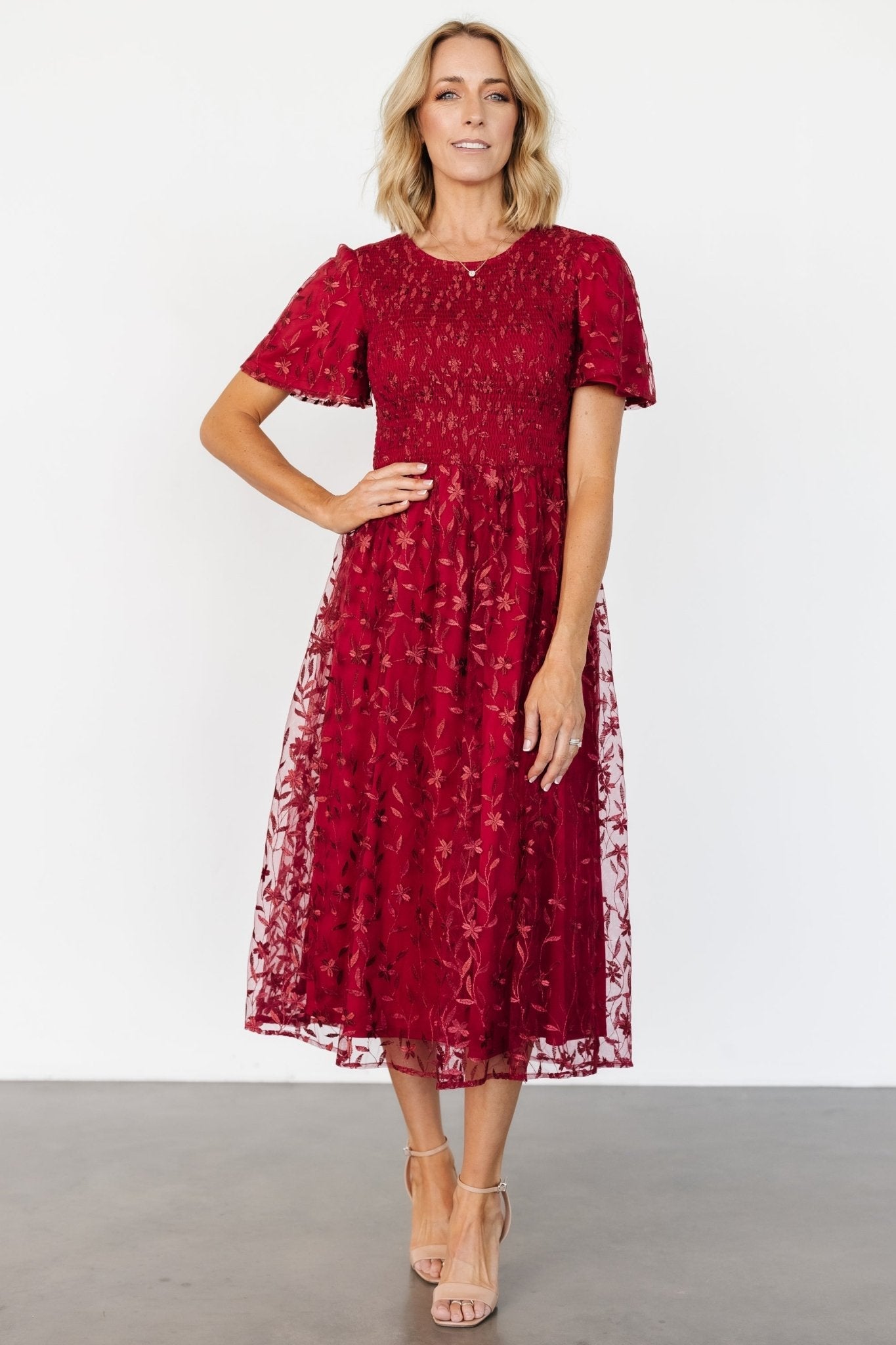 Cara Embroidered Midi Dress | Ruby