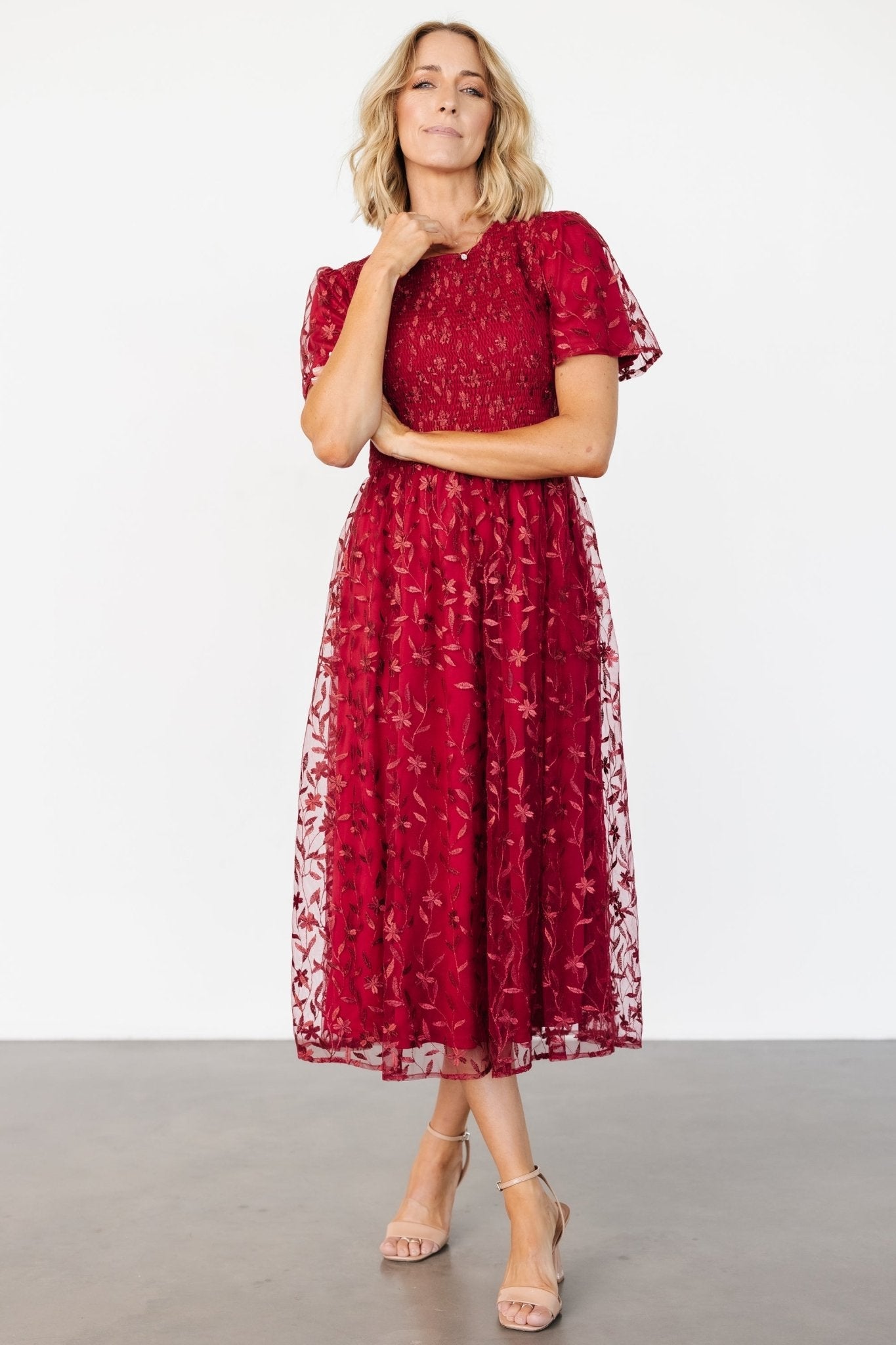 Cara Embroidered Midi Dress | Ruby