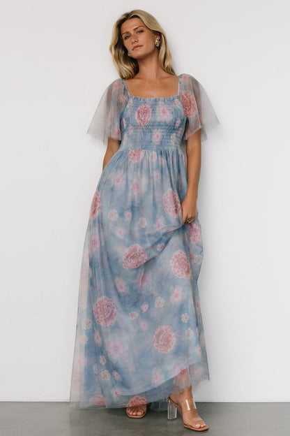 Cassandra Tulle Maxi Dress | Light Blue + Pink Floral