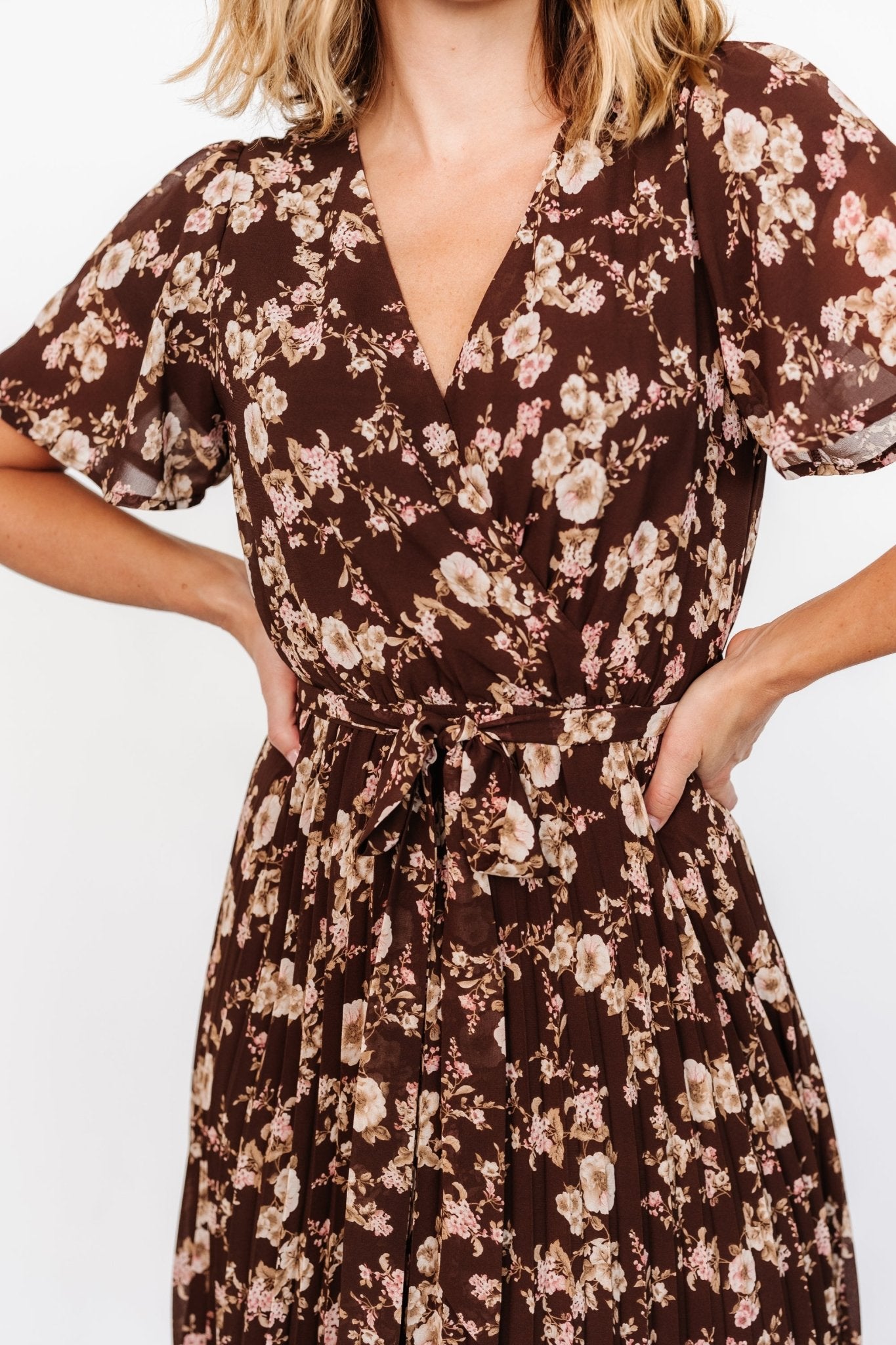 Cassidy Pleated Midi Dress | Brown Floral