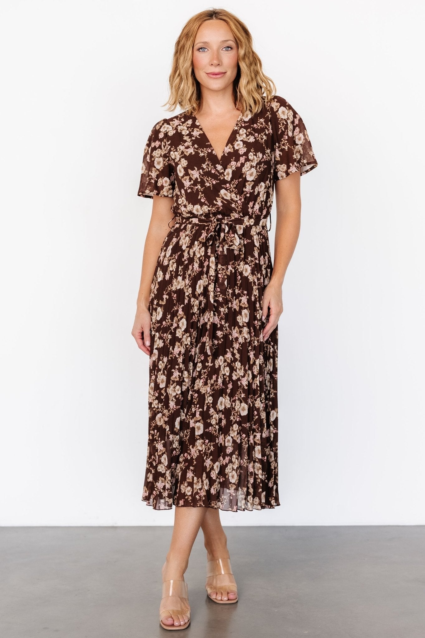 Cassidy Pleated Midi Dress | Brown Floral