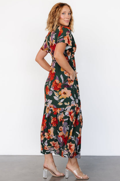 Cassie Short Sleeve Dress | Dark Green Floral