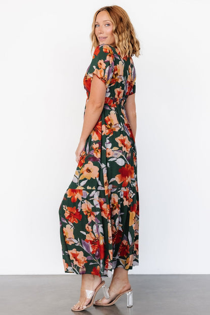 Cassie Short Sleeve Dress | Dark Green Floral