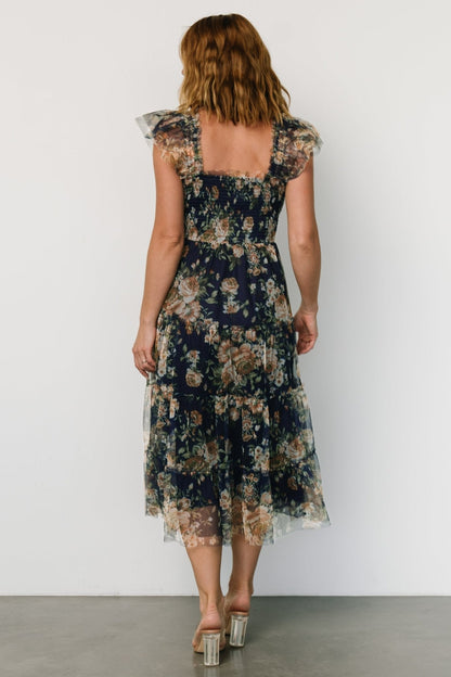 Clementine Tulle Midi Dress | Blue + Golden Floral