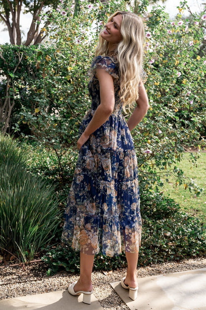 Clementine Tulle Midi Dress | Blue + Golden Floral