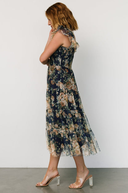 Clementine Tulle Midi Dress | Blue + Golden Floral