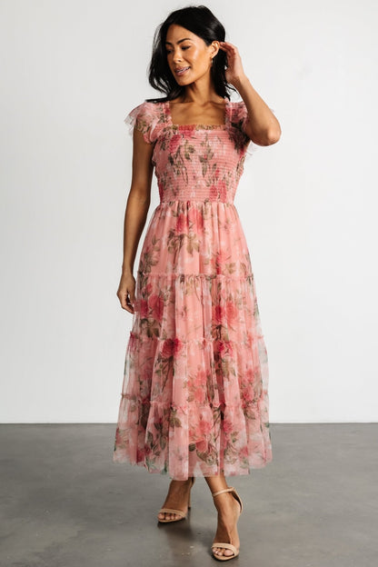 Clementine Tulle Midi Dress | Pink Rose Floral