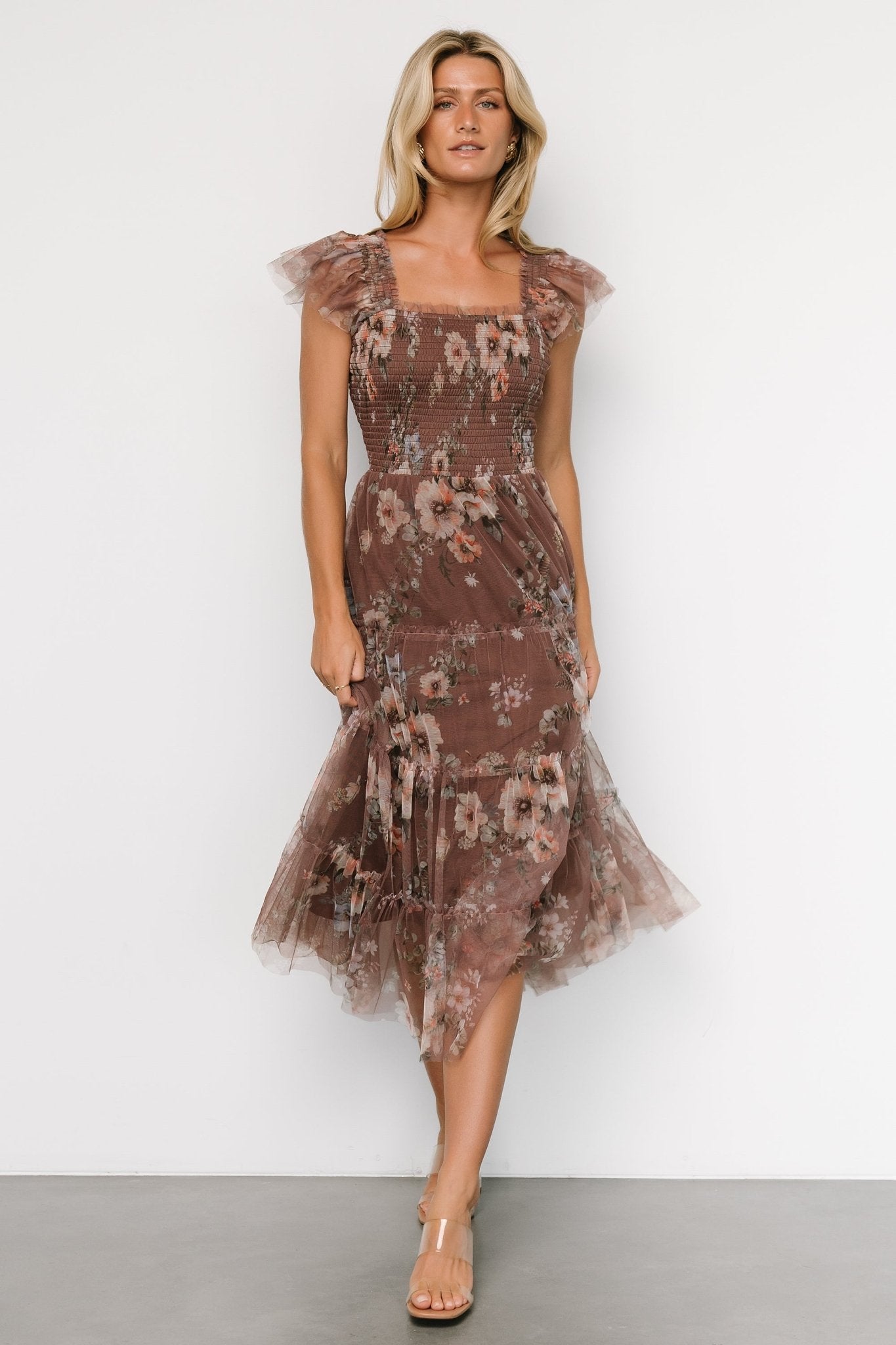 Clementine Tulle Midi Dress | Vintage Taupe Floral
