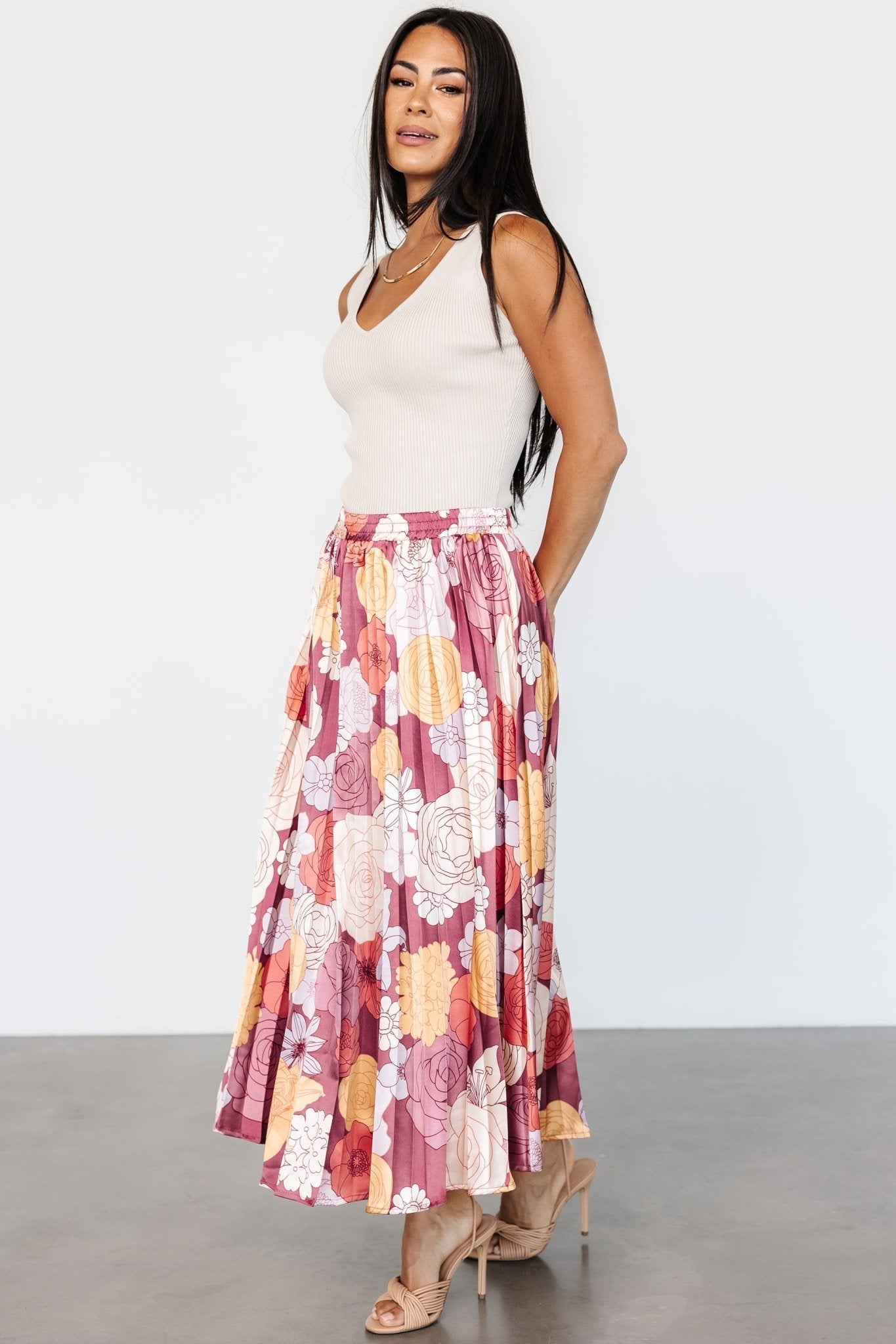 Cori Pleated Skirt | Deep Mauve Floral