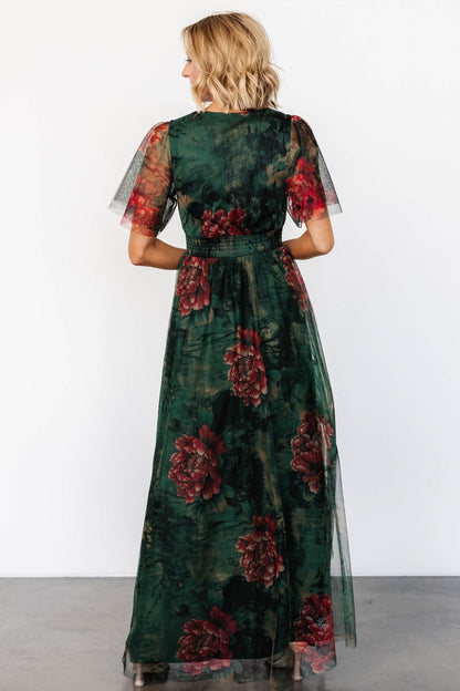 Cressida Tulle Maxi Dress | Dark Green + Red Floral