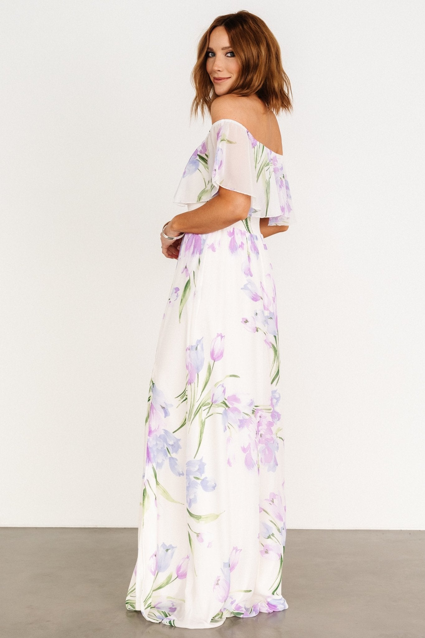 Daphne Off Shoulder Maxi Dress | Ivory + Lavender Floral