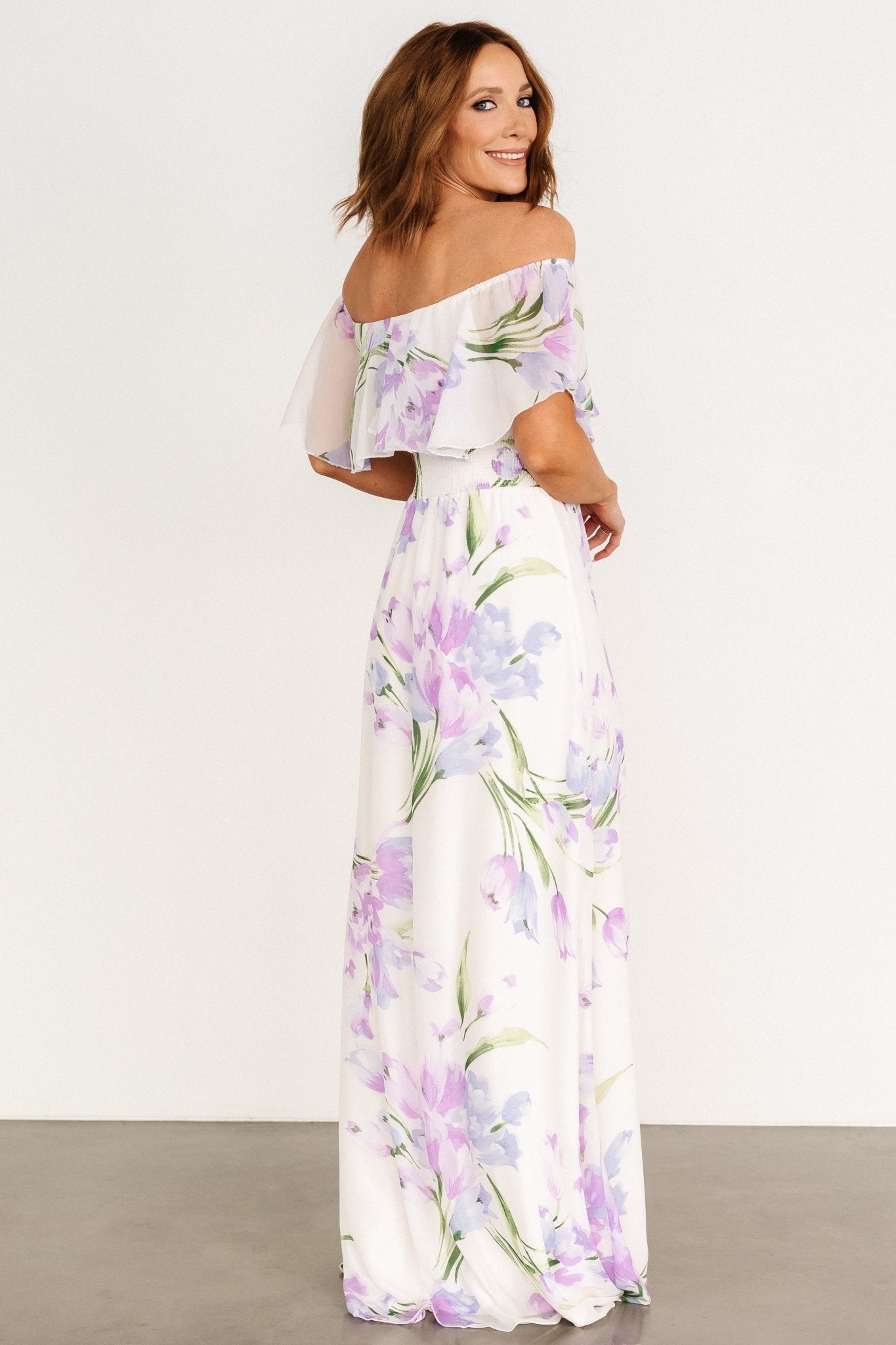 Daphne Off Shoulder Maxi Dress | Ivory + Lavender Floral