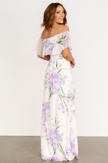 Daphne Off Shoulder Maxi Dress | Ivory + Lavender Floral