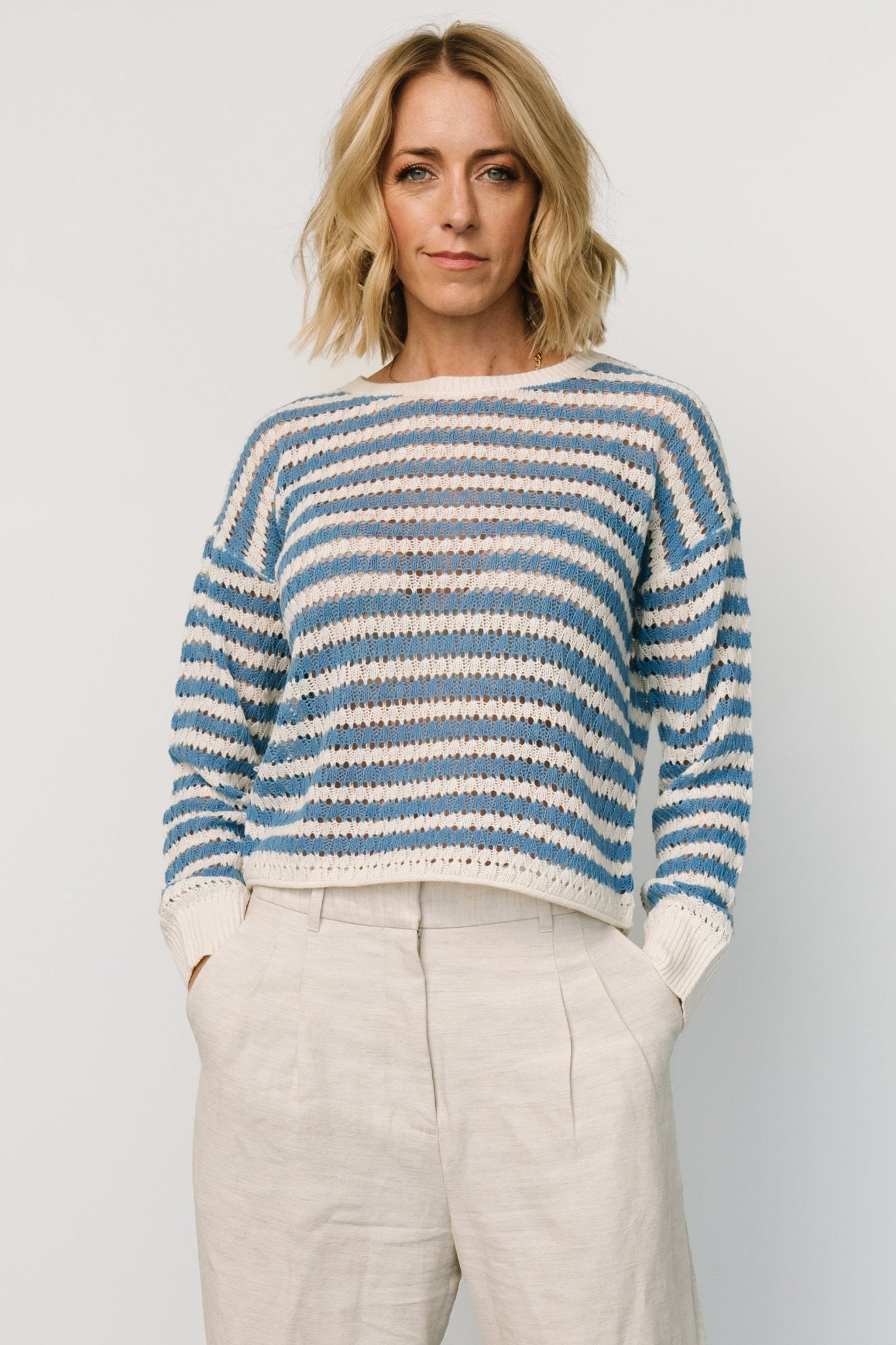 Dawn Open Knit Top | Blue + Ivory