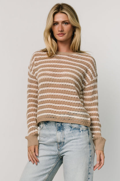 Dawn Open Knit Top | Taupe + Ivory