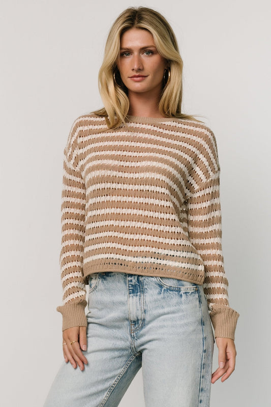 Dawn Open Knit Top | Taupe + Ivory