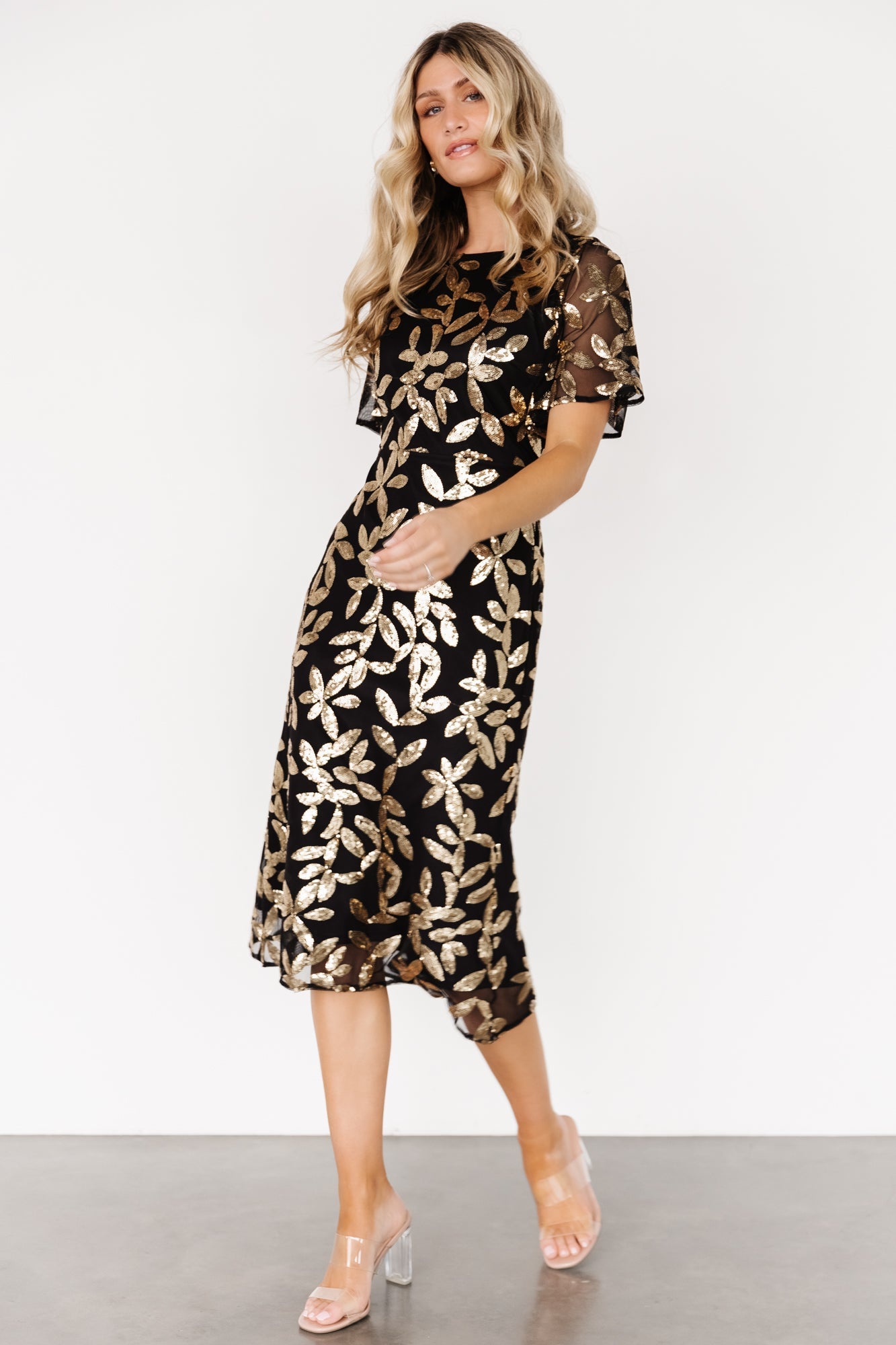 Deanna Sequin Midi Dress | Black + Gold