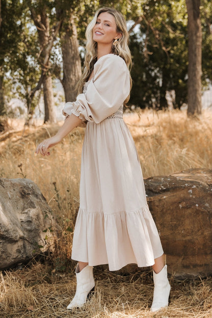 Emmeline Smocked Midi Dress | Natural