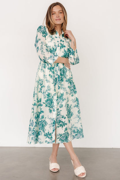 Eunice Button Midi Dress | Cream + Green Floral