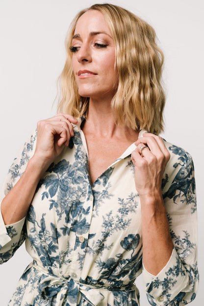 Eunice Button Midi Dress | Ivory + Blue Floral