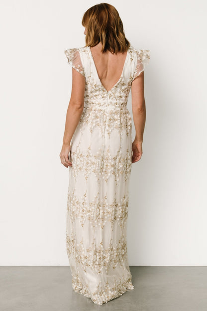 Eva Embroidered Maxi Dress | White + Gold