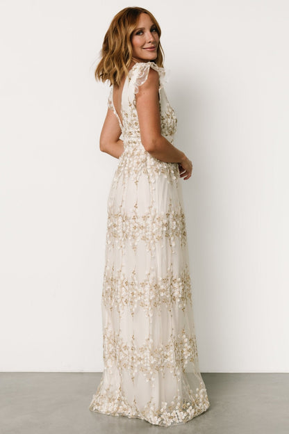 Eva Embroidered Maxi Dress | White + Gold