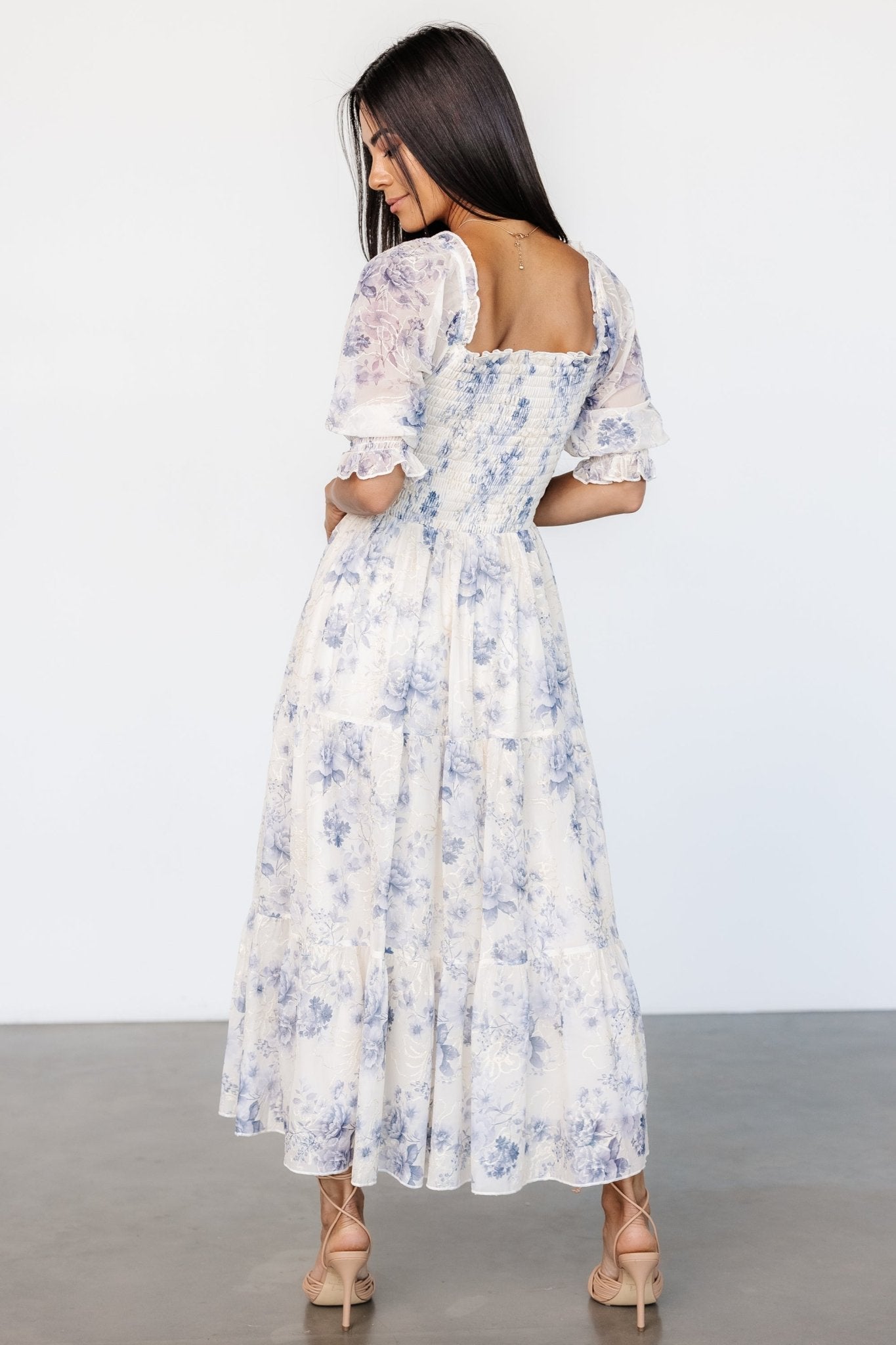 Fabian Jacquard Midi Dress | Cream + Blue Floral