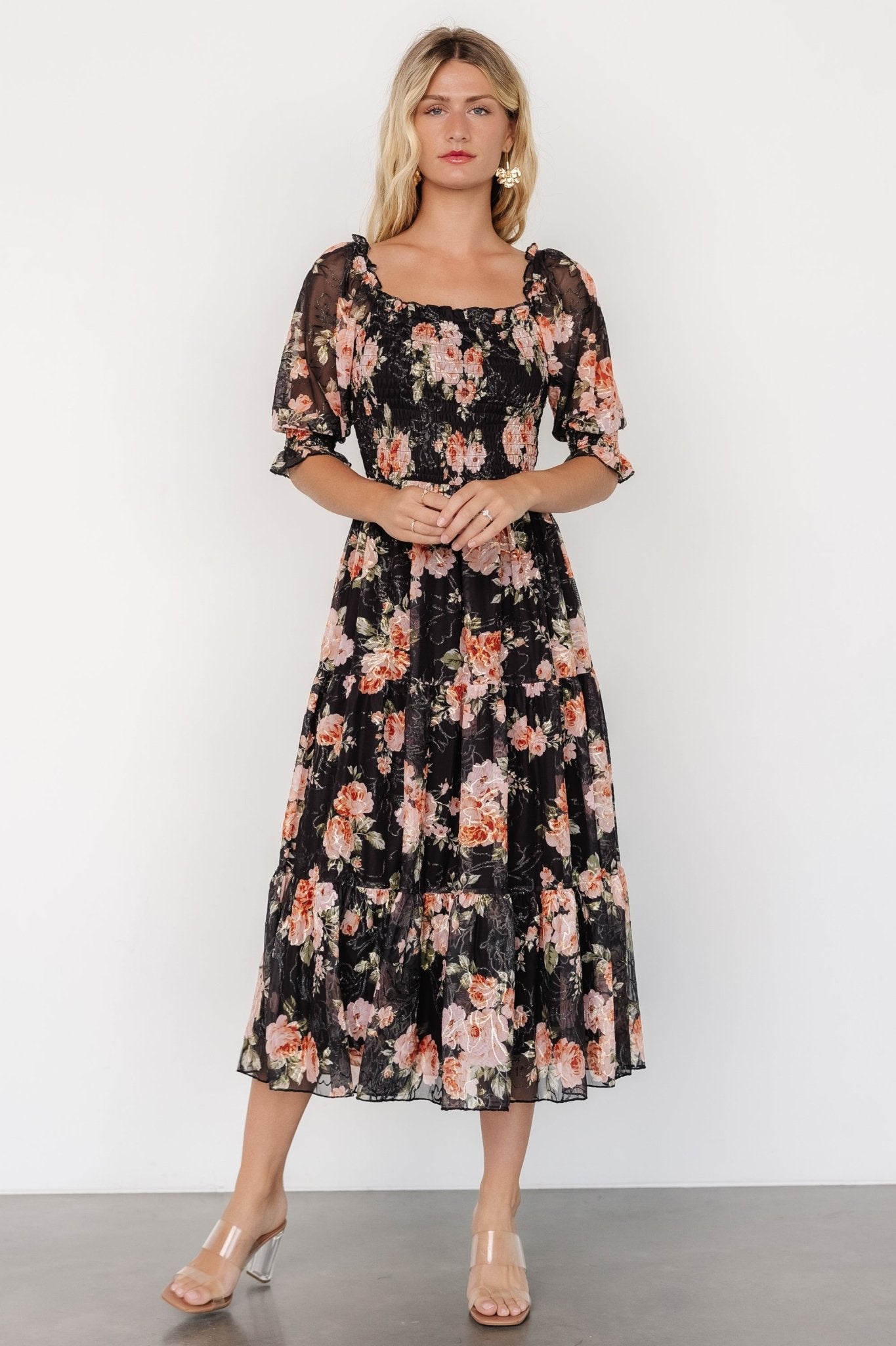 Fabian Jacquard Midi Dress | Peach + Black Floral