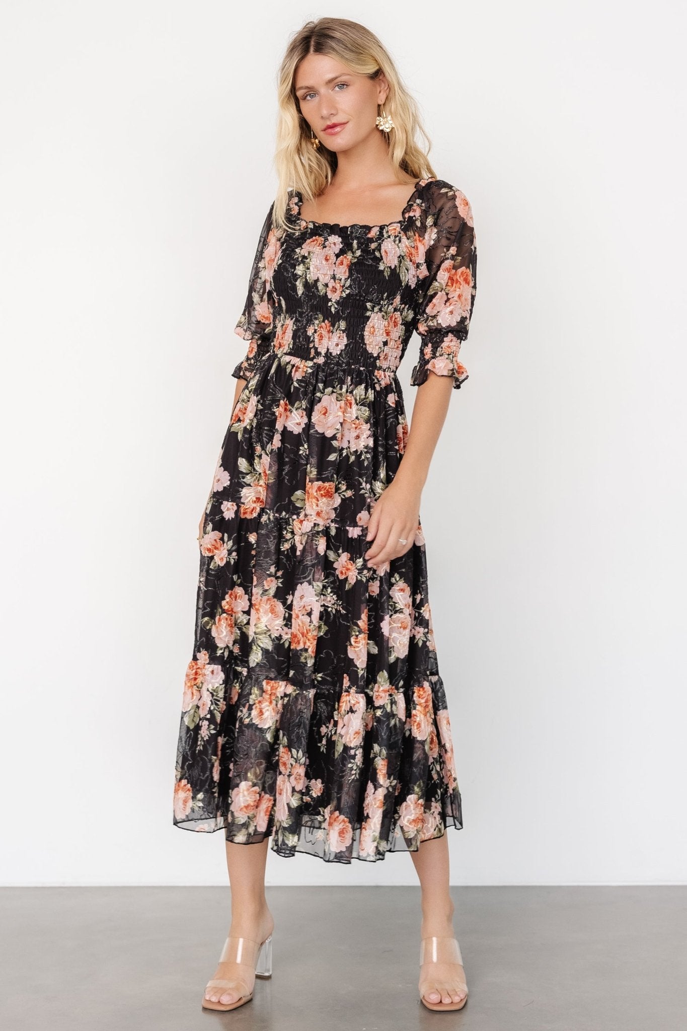 Fabian Jacquard Midi Dress | Peach + Black Floral