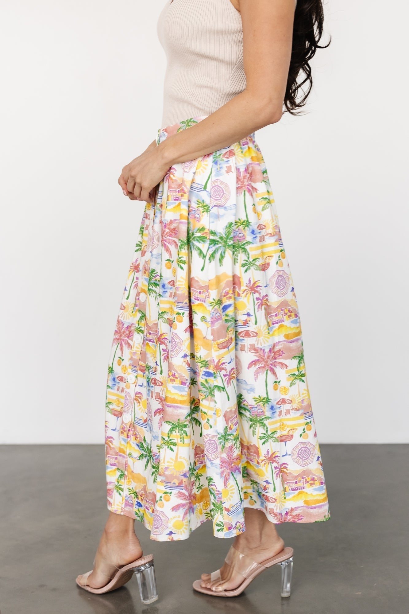 Gigi Button Midi Skirt | Off White + Multi Print