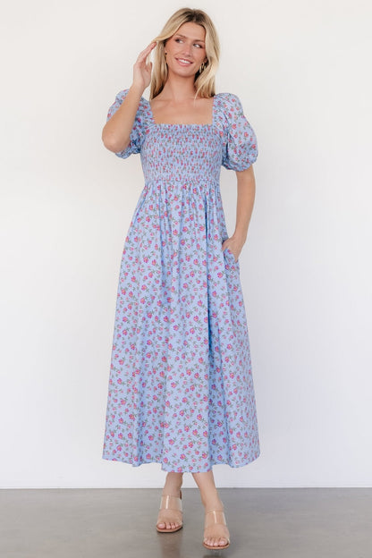 Haddie Smocked Midi Dress | Light Blue + Rose Floral
