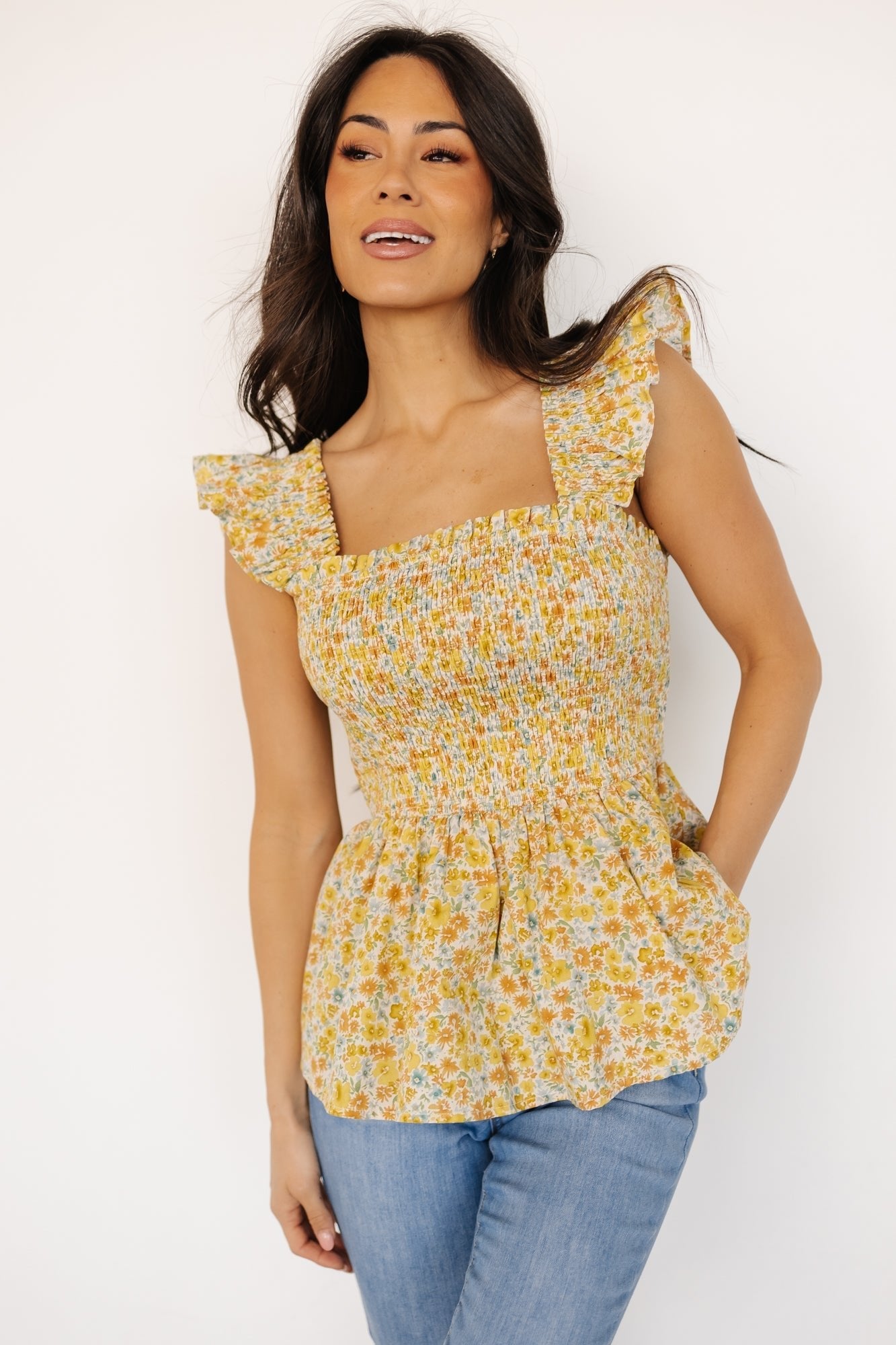 Ida Peplum Top | Golden Multi Floral